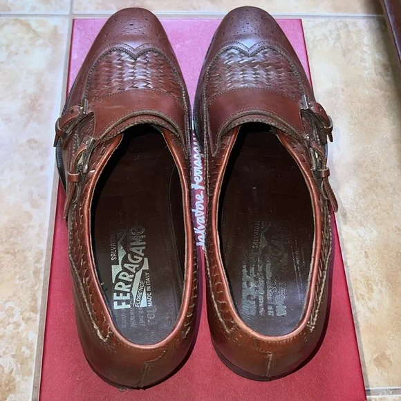 Salvatore Ferragamo Brown Woven Leather Double Monk Strap, Re-Soled, Size 10 - Picture 7 of 9